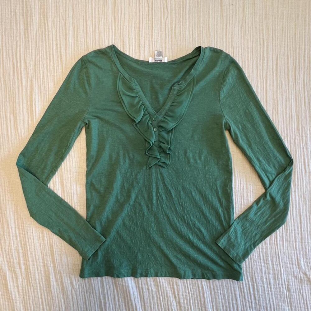 LOFT green long sleeve top with ruffle and button detail